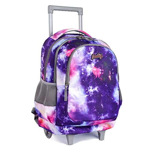 Rollender Rucksack für Mädchen und Jungen Rollender Rucksack für Kinder 18-Zoll-Doppelgriff-Rucksack mit Rollen Kindergepäcktasche,Purple starry sky von seastig