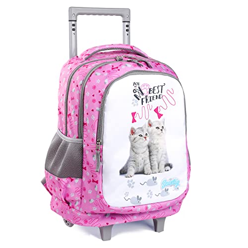 seastig Rollender Rucksack für Mädchen und Jungen Rollender Rucksack für Kinder 18-Zoll-Doppelgriff-Rucksack mit Rollen Kindergepäcktasche,Two Cats von seastig