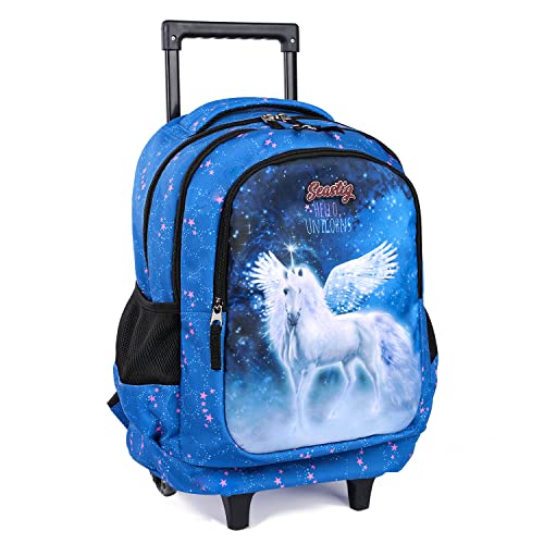 seastig Rollender Rucksack für Mädchen und Jungen Rollender Rucksack für Kinder 18-Zoll-Doppelgriff-Rucksack mit Rollen Kindergepäcktasche,White Horse von seastig