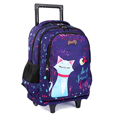 seastig Rollender Rucksack für Mädchen und Jungen Rollender Rucksack für Kinder 18-Zoll-Doppelgriff-Rucksack mit Rollen Kindergepäcktasche,White cat von seastig