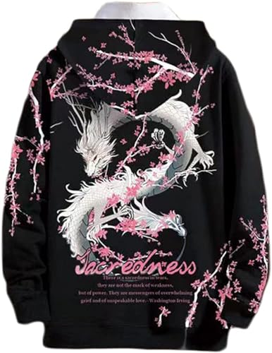 seiveini Anime Kapuzenpullover Herren Oversized Hoodie im Chinesischen Stil Streetwear Herren Damen Mädchen Y2K Gothic Sweatshirt Herren Pullover mit Kapuze Herbst Winter E Schwarz M von seiveini