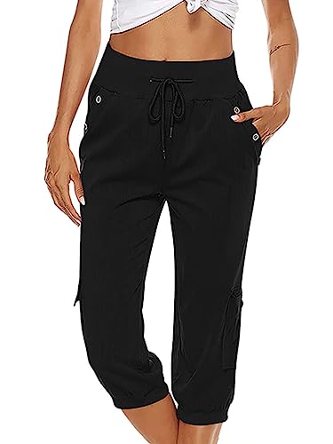 seiveini Caprihose Damen Sommer 3/4 Jogginghose Damen Kurze Sommerhose Casual Leichter Hose mit Tashen und Kordelzug Freizeithosen Elastischen Baggy Hosen Sweathose A Schwarz 3XL von seiveini