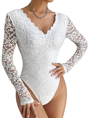 seiveini Damen Body Langarm Spitze Sexy Mesh Bodysuit Oberteil Top String Bluse Tops Langarmshirt Thong Langarmbody Jumpsuit mit Spitzen Bustier Unterziehbody Chic Mode D Weiß S von seiveini