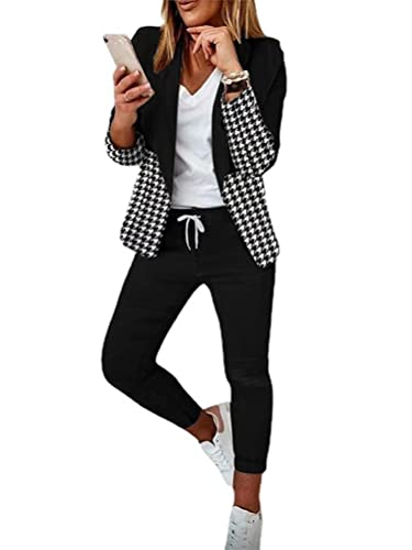 seiveini Damen Elegant Business Anzug Set Hosenanzug Damen Blazer Hose 2-teilig Anzug Karo Kariert Zweiteiler Slimfit Streetwear Sportlich Anzug Outfit Anzugjacke und Hosen Lang B Schwarz+Grau XL von seiveini