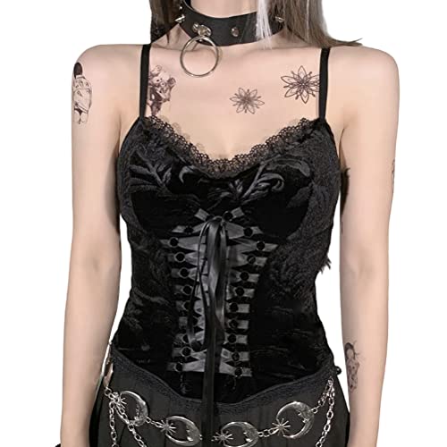 seiveini Damen Spaghettiträger Spitze Crop Camisole Ärmellos Punk Gothic Korsett Spitzen Unterwäsche Sommer Cami Top Vintage Tank Top Y2k Slim Fit Spitzentop E-Girl Streetwear N Schwarz S von seiveini