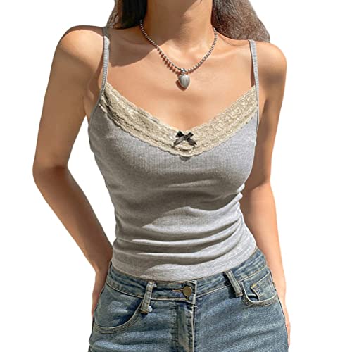 seiveini Damen Spaghettiträger Spitze Crop Camisole Ärmellos V-Ausschnitt Spitzen Unterwäsche Sommer Cami Top Vintage Tank Top Y2k Slim Fit Spitzentop Streetwear D Grau L von seiveini