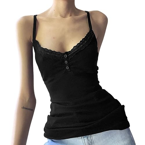 seiveini Damen Spitze Crop Camisole Ärmellos Punk Gothic Korsett Spitzen Unterwäsche Sommer Cami Top Spaghettiträger Vintage Tank Top Y2k Slim Fit Spitzentop E-Girl Streetwear 9 Schwarz S von seiveini