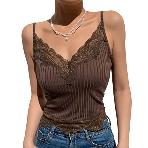 seiveini Damen Spitzen Top Spaghettiträger Tops V-Ausschnitt Oberteil Spitzentop Camisole Y2K Crop Top Patchwork Spitze Tanktops Mädchen Harajuku Slim Fit Aesthetic Streetwear C Braun S von seiveini