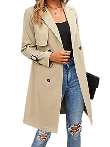 seiveini Damen Trenchcoat Zweireiher Langer Mantel Winddichter Jacke Klassische Revers Wintermantel Einfarbig Windjacke Vintage Damenmantel Übergangsmantel mit Gürtel Elegant A Khaki XL von seiveini