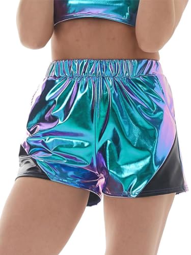 seiveini Glänzende Metallic Shorts Frauen Sexy Hohe Taille Shorts Shiny Kurz Hose mit Gummizug Taille Reflektierende Hosen Sparkly Outfit Elastische Taille Rave Dance Party B Blau XS von seiveini