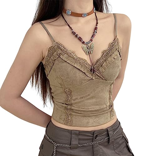 seiveini Goth Y2K Crop Top Damen Ärmellos Spitze Weste Damen Vintage E-Girls Tank Top Punk Gothic Mädchen Spitze Blusen V-Ausschnitt Rückenfreies Sexy Cami Top Outfit Y Khaki L von seiveini