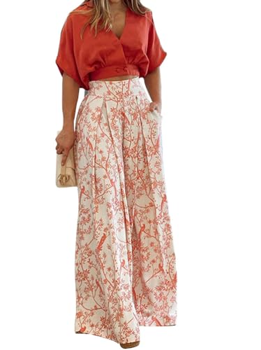 seiveini Hausanzug Damen Sommer Kurzarm Hemd und Schlaghose Sets 2-teiler Chic Hosenanzug Freizeitanzug Geradepants Outfit Kombiset Mode D Rot XXL von seiveini