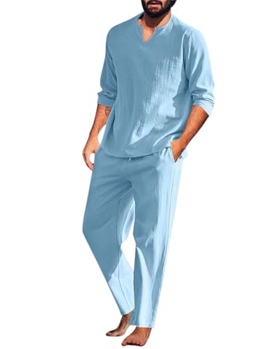 seiveini Herren Leinenanzug Sommer Zweiteiler Freizeitanzug Einfarbig 2-teilig Langarm Leinenhemd und Lang Hose Set Baumwolle Leinen Anzug Herren Pyjama Langarm aus Leinen A Blau L von seiveini