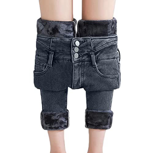 seiveini Jeans Damen Winter Jeans Plüsch Gefüttert Thermohose Straight High Waist Jeanshose Fleece GefüTtert Thermojeans Lang Warm Winterhose Fleecehose Strumpfhosen D Grau 30 von seiveini