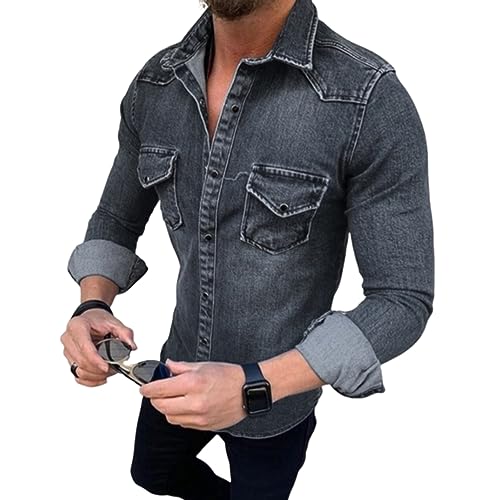 seiveini Jeanshemd Herren Langarm Classic Jeansjacke Revers mit Knopfverschluss Übergangsjacke Slim Fit Denim Jacket Vintage Herbst Frühling Militärjacke Retro A Schwarz L von seiveini