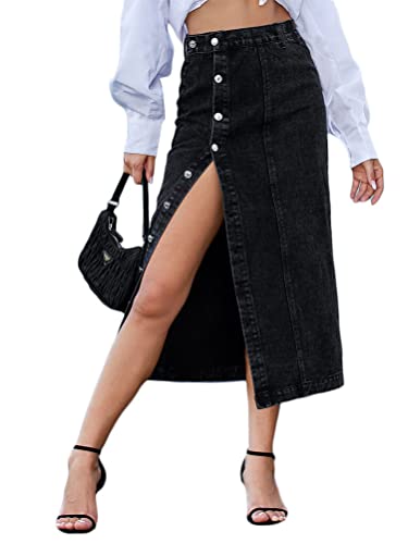 seiveini Jeansrock Damen Vintage Knopfdekor Seitenschlitz Midirock Midi Röcke mit Taschen High Waist Jeansrock mit Schlitz Hüften Umwickelt Röcke für Damen Rock Lang A Schwarz L von seiveini