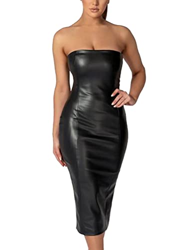 seiveini Lederkleid Damen Klassisches Einfarbiges Etuikleid Sexy V-Ausschnitt Modisches Kleider Trägerkleid Ärmelloses Partykleid Sommerkleid A Schwarz L von seiveini