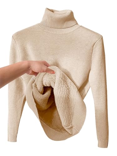 seiveini Rollkragen Strickpullover Damen mit Plüsch Gefüttert Strickpullover Damen Rollkragen Slim Fit Pulli Frauen Einfarbig Wickelpullover Damen Thermounterwäsche Weiche Base Layer A Beige L von seiveini