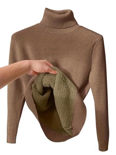 seiveini Rollkragen Strickpullover Damen mit Plüsch Gefüttert Strickpullover Damen Rollkragen Slim Fit Pulli Frauen Einfarbig Wickelpullover Damen Thermounterwäsche Weiche Base Layer A Braun S von seiveini