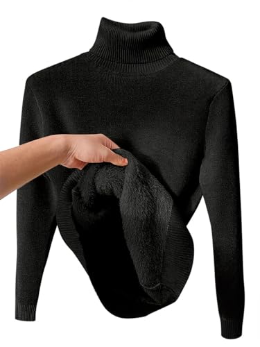 seiveini Rollkragen Strickpullover Damen mit Plüsch Gefüttert Strickpullover Damen Rollkragen Slim Fit Pulli Frauen Einfarbig Wickelpullover Damen Thermounterwäsche Weiche Base Layer A Schwarz XXL von seiveini