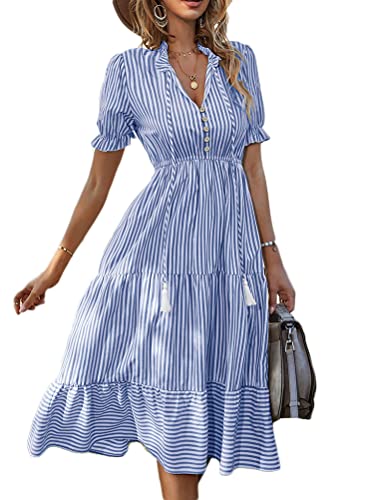 seiveini Sommerkleider Damen Boho Maxikleid Rüschen Casual Partykleid Blusenkleid mit Streifen V-Ausschnitt Elegant Strandkleider Kurzarm Vintage Abendkleid Cocktailkleid A Blau L von seiveini