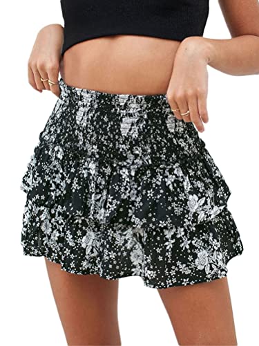 seiveini Sommerrock Damen Kurze Floral Rock Hohe Taille mit Rüschen Strand Rock Boho Druck Faltenrock A-Line Elastischer Bund Blumen Midirock Plissee Rock Chic Mode A Grau L von seiveini