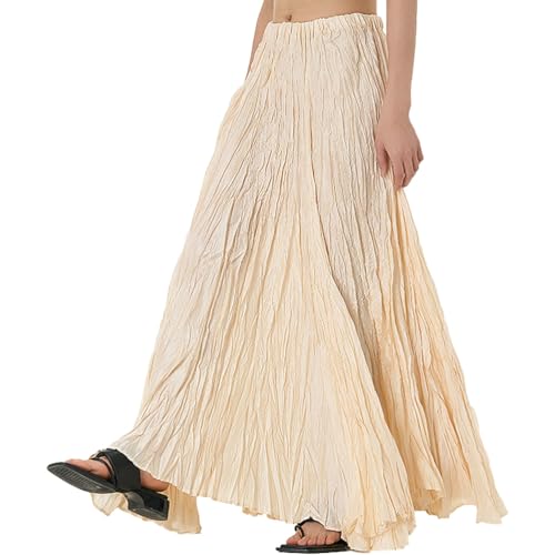 seiveini Sommerrock Damen Lang A-Line Boho Röcke Flowy mit Hohe Taille Maxi Ausgestelltes Faltenrock Elegant Plissee Rock Casual Maxirock Pleated Maxi Skirt Long Vintage A Aprikose M von seiveini