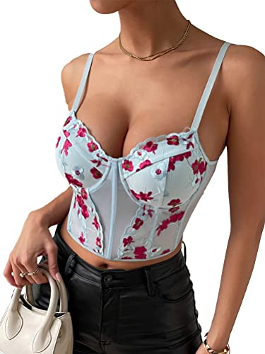 seiveini Tank Tops Damen Crop Top Y2k Camilose Spitzentop E-Girl Trägershirts Fashion Sexy Corset Top Aesthetic Tank Bustier Leibchen Cropped Oberteil Sexy Korsetts A29 Blau XS von seiveini