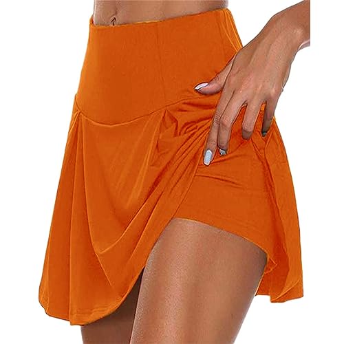 seiveini Tennisrock Rock mit Hose Drunter Damen Sport Skirt Fitness Jogging Faltenrock mit Tasche Kurzer Golf Rock Elastisch Leicht Atmungsaktiver Stretch Tennisröcke A Orange L von seiveini