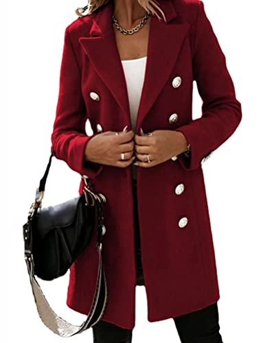 seiveini Wollmantel für Herbst und Winter Damen Wolljacke Vintage Parka Wintermantel Elegant Winterjacke für Frauen Mode Solide Woll Zweireiher Mantel Slim Fit A Weinrot S von seiveini