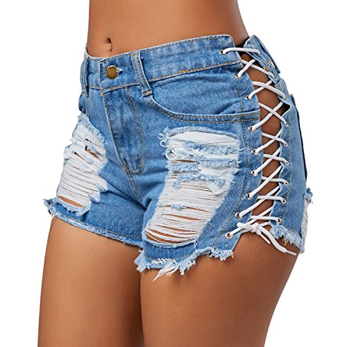 semen Damen Shorts Hot Pants Verband Kurzhose Reizvoll Bandage Jeanshorts Destroyed Zerissene Löcher Ausgefranste Seil String Shorts Hotpants von semen