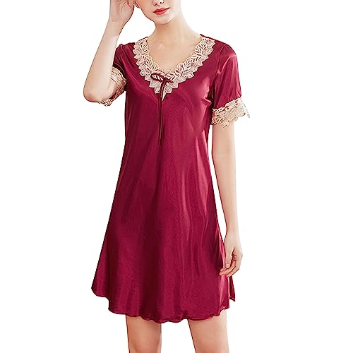 semen Nachthemd Damen kurz Satin sexy Babydoll V Ausschnitt Spitze Nachtkleid Sommer Negligee Kurzarm Sleepshirt nachtwäsche Unterkleid Weinrot 42 von semen