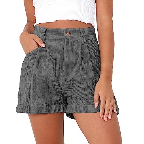 semen Sommershorts Damen Casual Cordhose hoher Taille Hotpants Weite lose Kurze Hose mit Taschen Grau 42 von semen