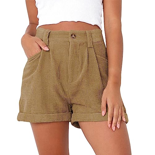 semen Sommershorts Damen Casual Cordhose hoher Taille Hotpants Weite lose Kurze Hose mit Taschen Khaki 36 von semen