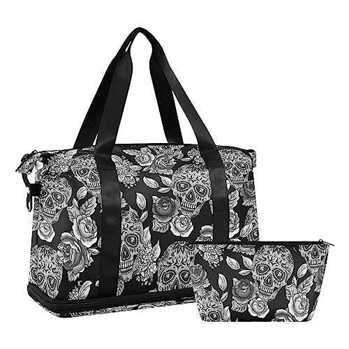 Weekender Bag für Damen, Libellen-Violett, Turnbeutel, Sporttasche, Reisetasche, Tragetasche mit Kulturbeutel, Schuhfach, Trocken-/Nass-Trennung, Schwimmtasche, Totenkopf mit Blumen, Einheitsgröße von senya