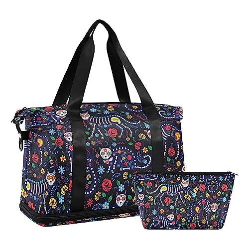 Weekender Bag für Damen, Libellen-Violett, Turnbeutel, Sporttasche, Reisetasche, Tragetasche mit Kulturbeutel, Schwimmtasche, Katzenschädel mit Blumen, Einheitsgröße von senya