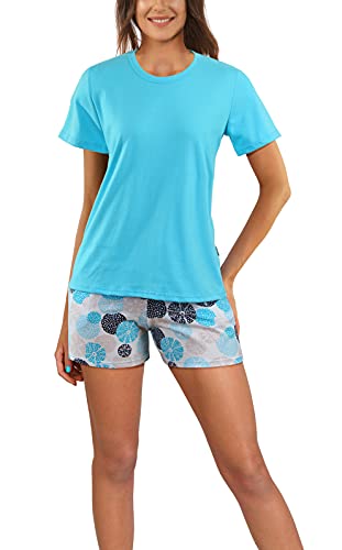 sesto senso Damen Pyjama Set Kurzarm Pyjamahose Kurz Baumwolle Zweiteilige Schlafanzug L Türkis 2498/09 von sesto senso