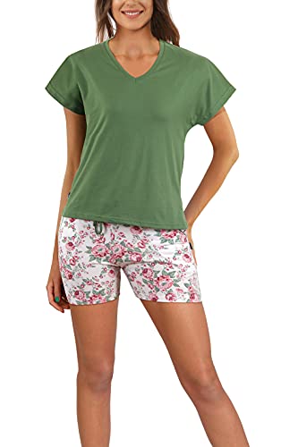 sesto senso Damen Pyjama Set Kurzarm Pyjamahose Kurz Baumwolle Zweiteilige Schlafanzug v Ausschnitt M Grün Blumen 2508/01 von sesto senso