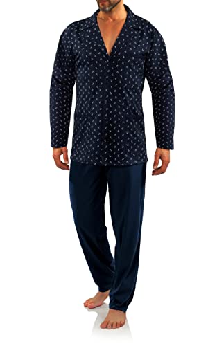 sesto senso Eleganter Herren Schlafanzug Lang zum Knöpfen 100% Baumwolle Pyjama mit Knopfleiste M2 4XL Anker Dunkel Blau von sesto senso