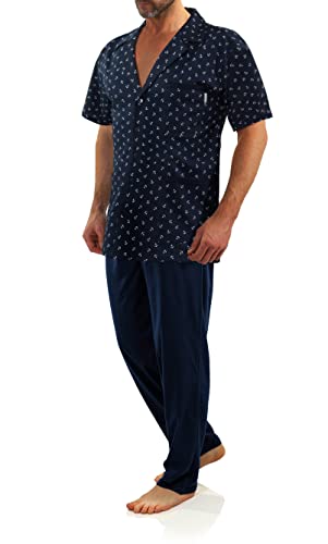 sesto senso Eleganter Kurzarm Pyjama Herren zum Knöpfen Schlafanzug Kurz Baumwolle mit Knopfleiste M2 M Anker Dunkel Blau von sesto senso