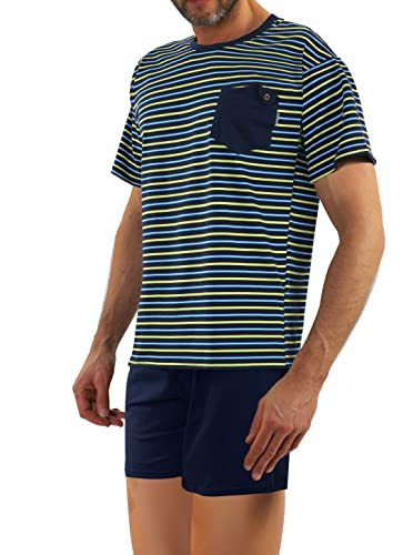 sesto senso Herren Schlafanzug Kurz Gestreift Pyjama Baumwolle Kurzarm T-Shirt Pyjamahose Zweiteilig Set Grün Weiß XL 05 K67L von sesto senso