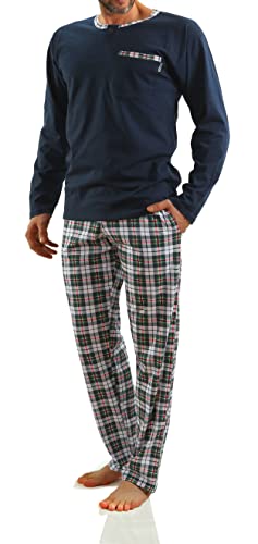 sesto senso Herren Schlafanzug Lang Baumwolle Pyjama Langarm Shirt mit Tasche Pyjamahose Zweiteilig Set Bunt Nachtwäsche 3XL Dunkel Blau von sesto senso