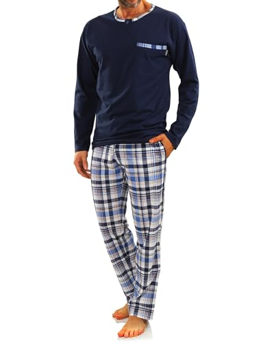 sesto senso Herren Schlafanzug Lang Pyjama 100% Baumwolle Langarm Shirt mit Tasche Pyjamahose Zweiteilig Set Nachtwäsche Dunkelblau Blau Kariert 3XL Jasiek 2188/17 von sesto senso