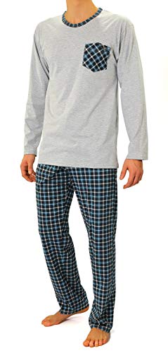 sesto senso Herren Schlafanzug 3XL Lang Pyjama 100% Baumwolle Langarm Shirt mit Tasche Pyjamahose Zweiteilig Set Nachtwäsche Grau Kariert Blau Türkis 3XL 04 TURKUS von sesto senso