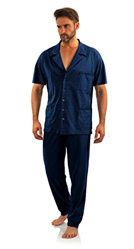 sesto senso Herren Schlafanzug mit Knopfleiste Kurzarm Baumwolle Lange Pyjamahose Pyjama Knöpfen 3XL Anker Dunkleblau von sesto senso