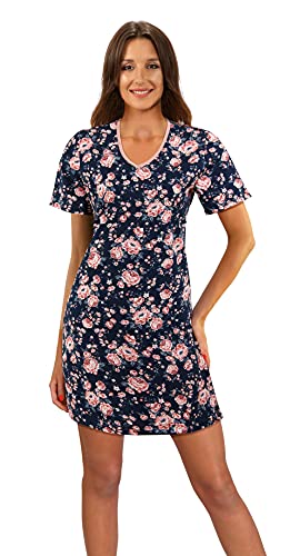 sesto senso Nachthemd Damen Kurzarm Baumwolle Schlafshirt Nachtkleid Nachtwäsche Schlafhemd XXL 2508-05 Blume Dunkel Blau von sesto senso