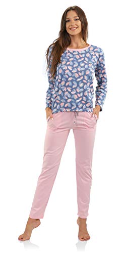 sesto senso Pyjama Damen Langarm Baumwolle Schlafanzug Set Lang Pyjamahose mit Taschen Rosa Blau XXL Agnie L Roz von sesto senso