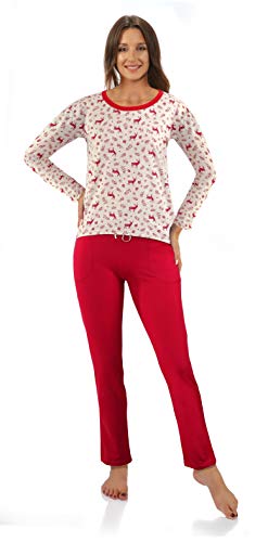 sesto senso Pyjama Damen Langarm Baumwolle Schlafanzug Set Lang Pyjamahose mit Taschen Rot Weihnachten Hirsch L Jelonki von sesto senso