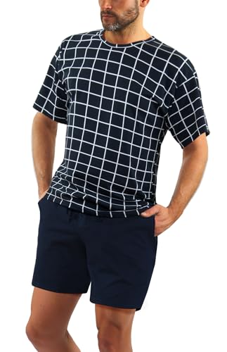 sesto senso Schlafanzug Herren Kurz Kariert Blau Baumwolle Pyjama Sommer Kurzarm XL 2485-02 von sesto senso