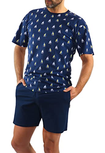 sesto senso Sommerpyjamas Herren Kurz Schlafanzug Baumwolle Pyjama Kurzarm Kurze Hose Zweiteilig Set Segelboot Dunkelblau M 2556/10 von sesto senso